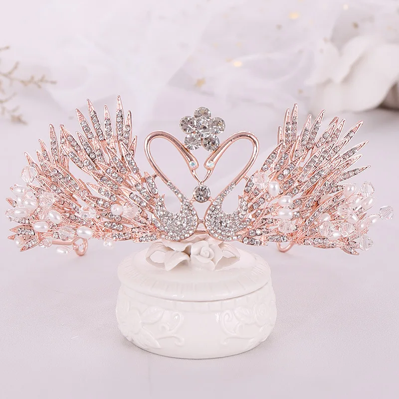 rose gold Хрустальные лебеди, Свадебные короны,, красивая розовая Золотая повязка на голову, принцесса, на день рождения, диадемы, аксессуары для свадебной вечеринки, на голову, SQ418 - Цвет: rose gold