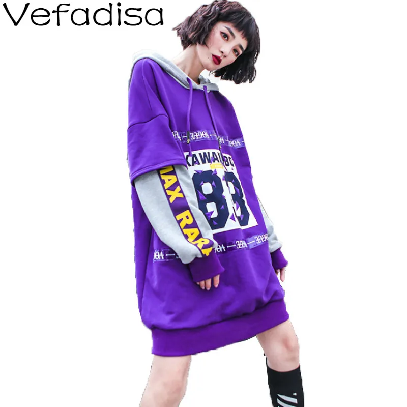 

Vefadisa Autumn Tops & Pullovers 2018 Letters Print Black Sewatshirt Fake Two Piece Sweatshirts Women's Purple Sweatshirt AD2253
