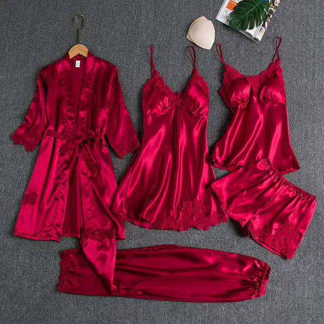 5PC Bridal Sleepwear Set Female Satin Pajamas