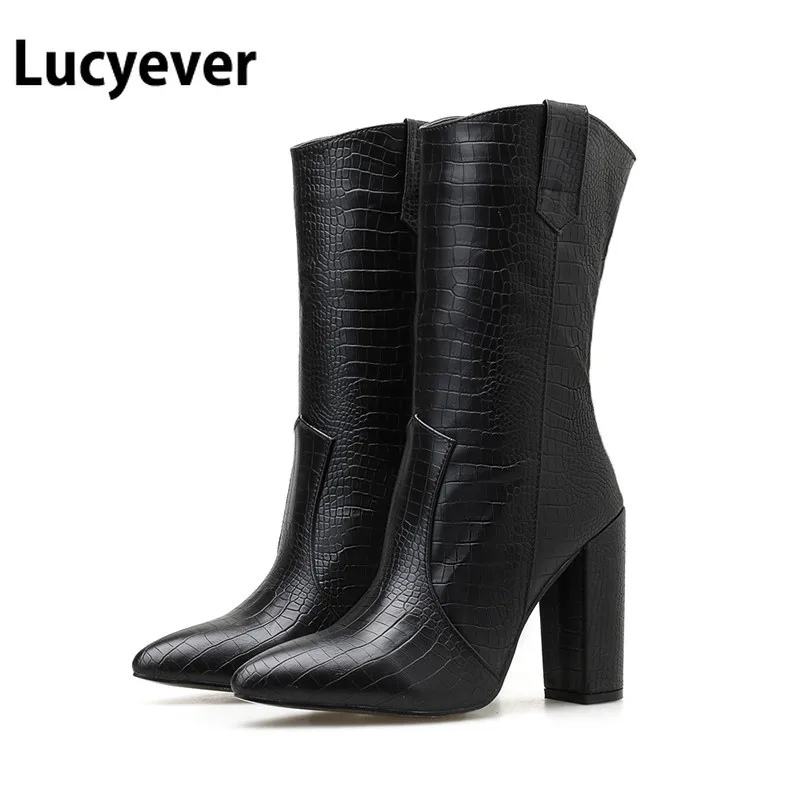 Lucyever/Винтажные ковбойские сапоги черного цвета из искусственной кожи для женщин; Ковбойские Сапоги до середины икры на толстом высоком каблуке; рыцарские сапоги в римском стиле; Botas Mujer