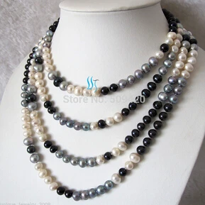 free shipping >>>>>76" 5-11mm Multi Color Freshwater Pearl Necklace White gray Black