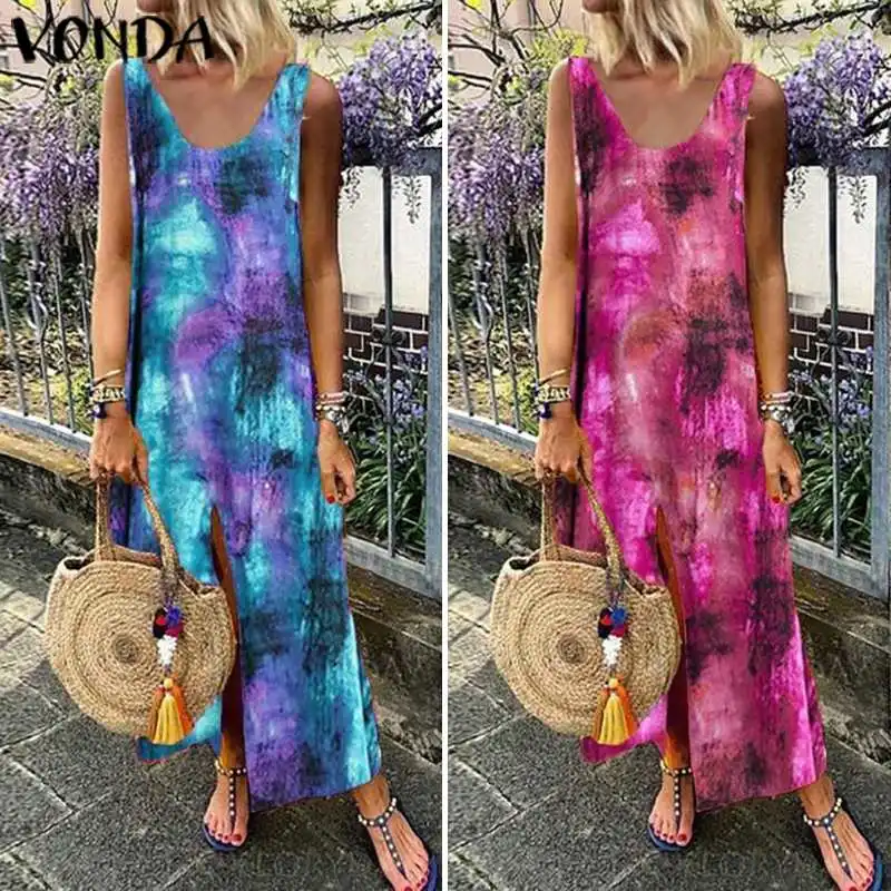 VONDA, платье для беременных, сексуальное, без рукавов, с круглым вырезом, длинное, макси платье, богемное, с красочным принтом, праздничный сарафан, халат для беременных