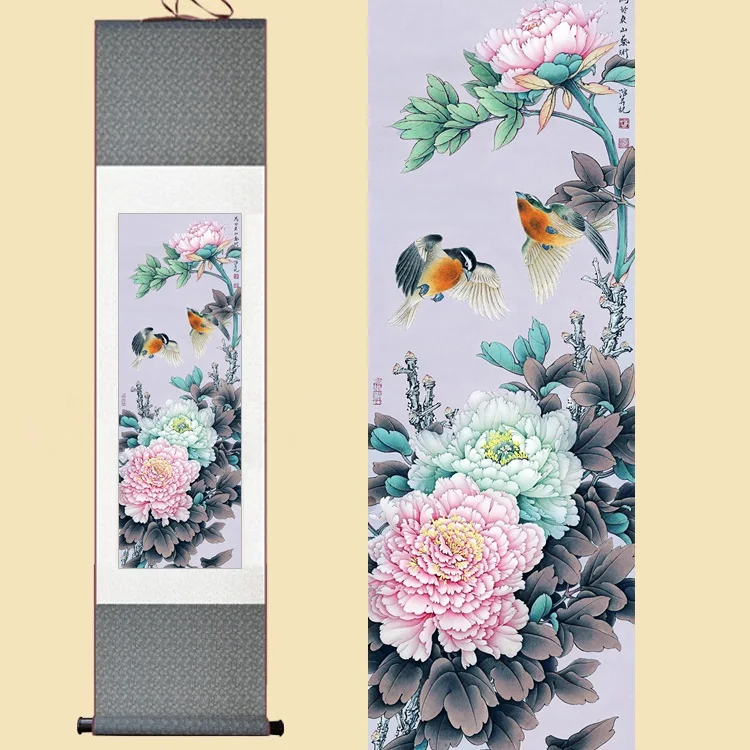 

Chinese Silk Ink Watercolor Flower and birds rich peony butterfly feng shui wall picture damask framed scroll canvas painting