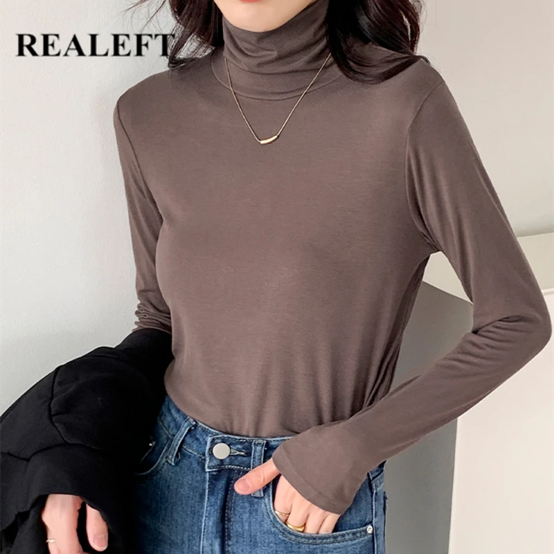 

REALEFT 2021 New Autumn Winter Turtleneck Women's T-Shirts Bottom Long Sleeve Solid Casual Shirt Female Knitting Tops Lady Green