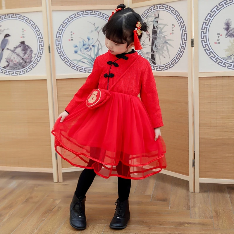 Китайское Новогоднее платье; Cheongsam; Детские платья с фатиновой юбкой с цветочной вышивкой для маленьких девочек; сезон зима-весна; платье принцессы с начесом+ сумка на удачу