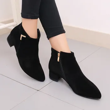 

Winter Woman Suede Boots Sharp Metal Side Zipper Boots With Low Short Boots