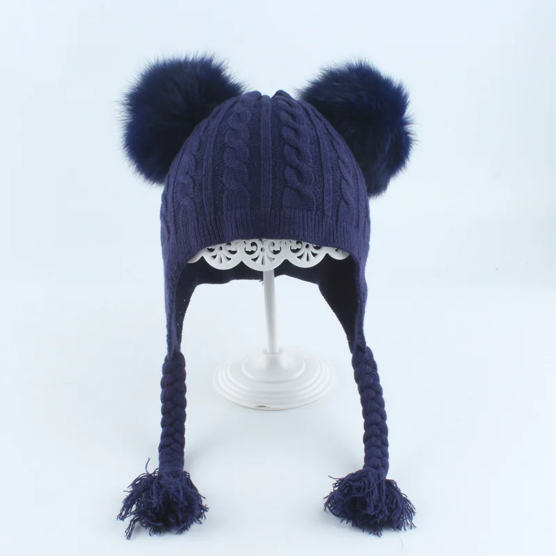 

Girl Hat Winter Earflap Two Real Fox Pompom Angora Knit Beanie Autumn Skiing Outdoor Accessory