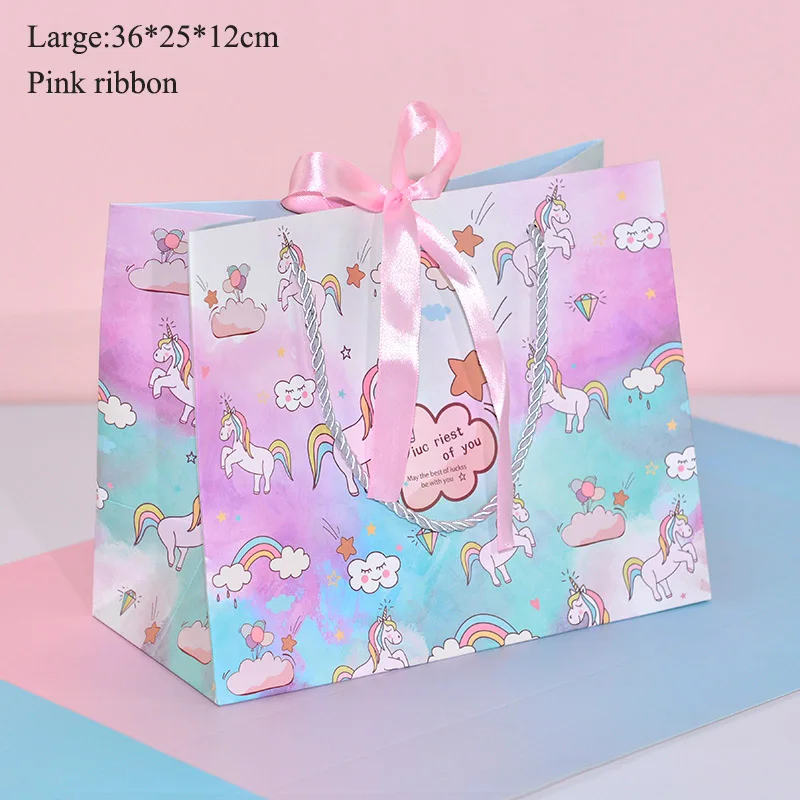 L Pink Ribbon Розовая, синяя лента, единорог, посылка, бумажные сумки, единорог, вечерние, для детей, подарок на день рождения, сувенир, упаковка, сумки, поставки - Цвет: L Pink Ribbon