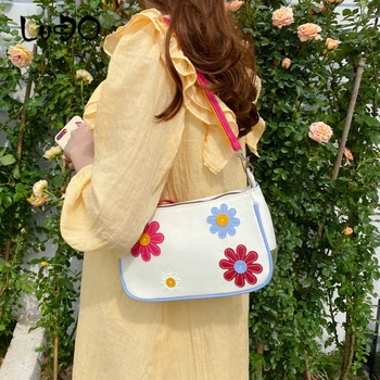 

LUCDO Fashion Women's Small Handbag 2020 New Summer Canvas Baguette Bag Lady Cute Flower Shoulder Messenger Bags