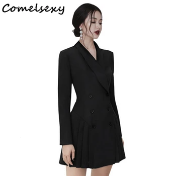 

Office Lady Autumn Vintage Suit Collar Black Blazer Dress Women's Double-breasted Long Sleeve Elegant Party Work Pleated Dresses