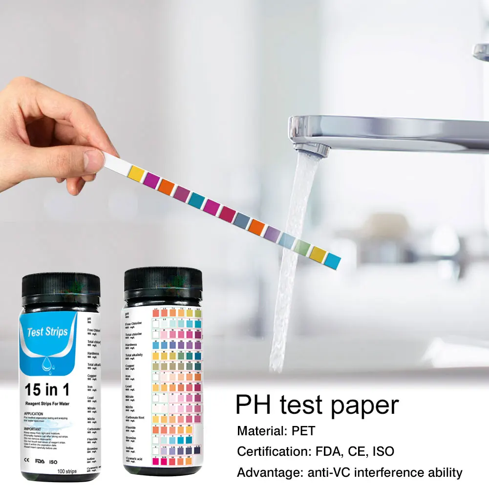 100PCS 7/14/15-in-1 Drinking Water Test Strip PH Bromine Nitrate Water Quality Test For Aquarium Fish Tank Pool Strip