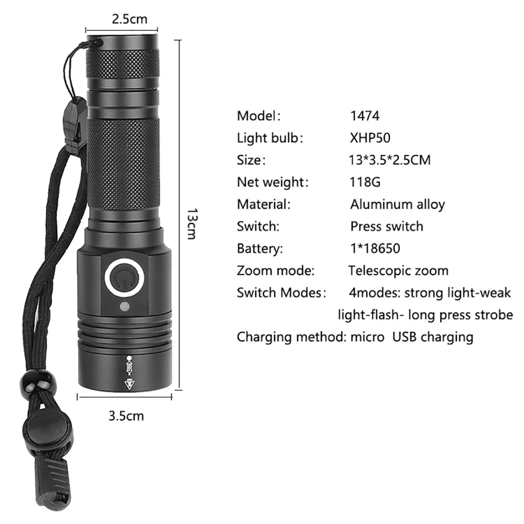Портативный фонарик из алюминиевого сплава XHP50 светодиодный 4 модус Taschenlampe Jagdlampe лампа для кемпинга индикатор заряда 1x18650