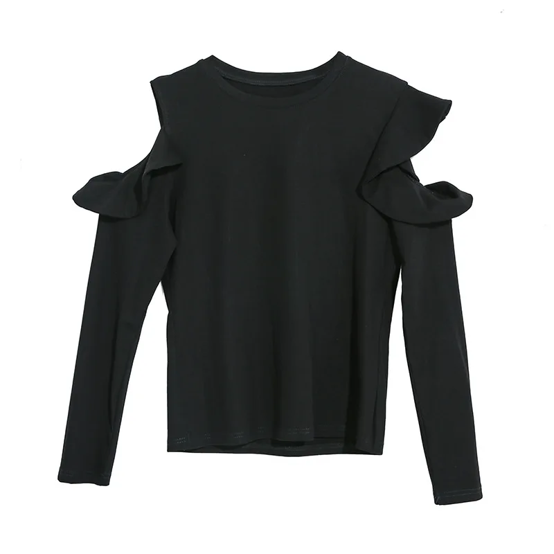 black DMY2126 XITAO черная футболка с вырезами, модная новинка, плиссированный пуловер с оборками и открытыми плечами, Повседневная футболка в стиле пэчворк, DMY2126 - Цвет: black DMY2126