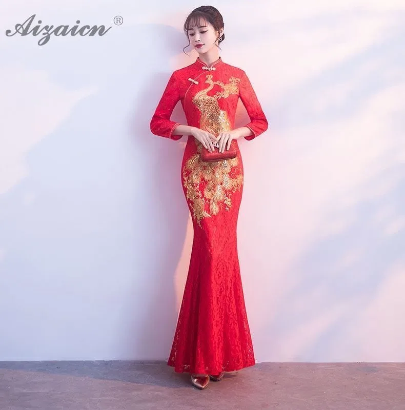 Красный Русалка феникс вышивка Cheongsam современная мода блестками и длинными Qi Pao Для женщин Китайский традиционный свадебный платье