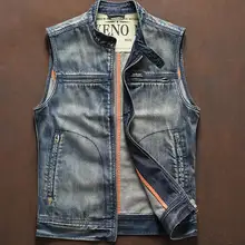 Осенний ковбойский жилет Для Мужчин's джинсовая куртка байкера модные синие зауженные Винтаж без рукавов куртка со стоячим воротником на молнии без рукавов с круглым вырезом Топ