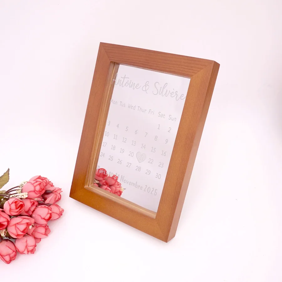 

Personalized Wedding Party Decor Frame Custom Couple Name Date Brown Color Wooden Frame with Acrylic Mirror Wedding Calendar