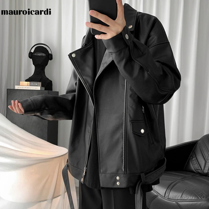 Mauroicardi Spring Black Oversized Leather Biker Jacket Men Casual