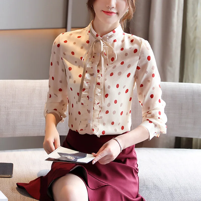 

Korean Women Blouses Women Long Sleeve Shirts Woman Chiffon Blouses Tops Plus Size Woman Polka Dot Shirt Top Print Ladies Tops