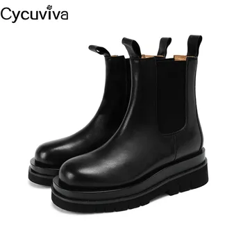 

2020 New Thick Bottom Chealse Ankle Boots For Women Black Leather Platform Casual Ladies Shoes Round Toe Flat Knight Boots Women