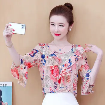 

Fashion shirt female 2020 summer new Korean version loose temperament was thin leaky shoulder short sleeve chiffon shirt top tid