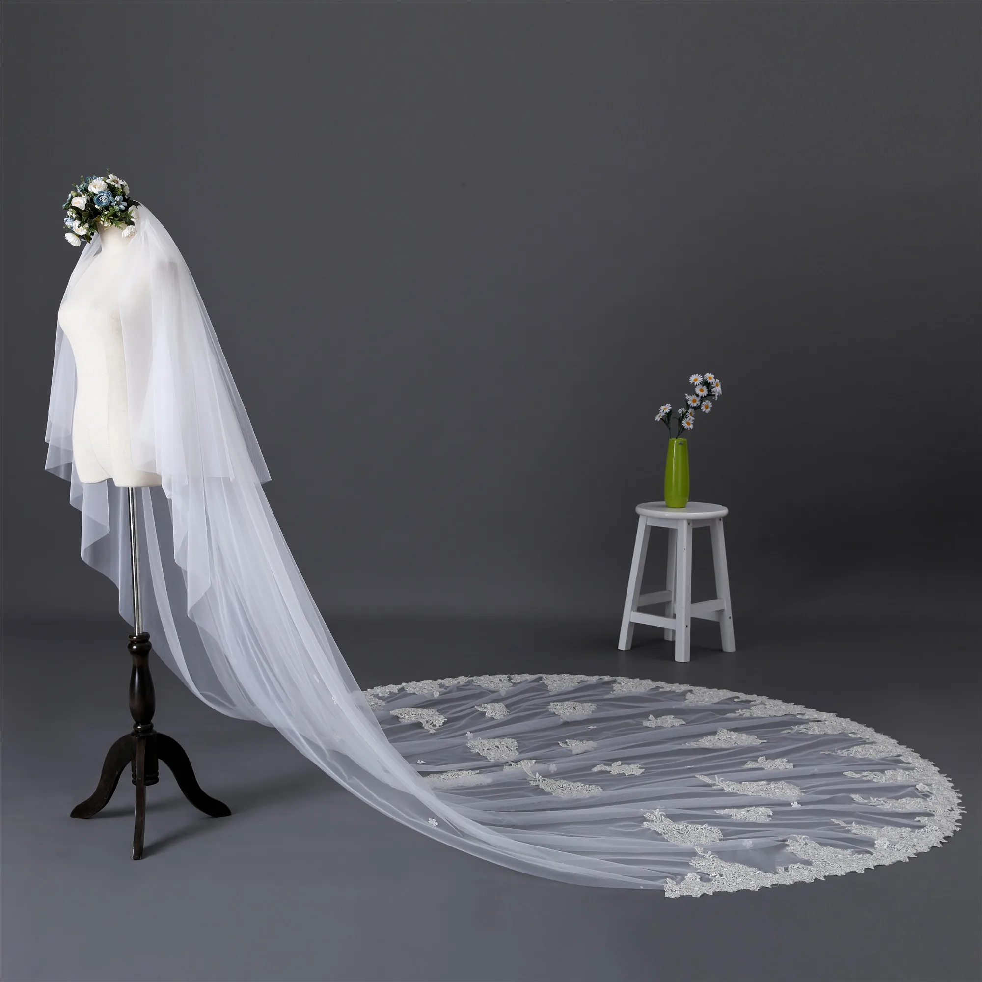 Erosebridal Новое поступление собора 350 см шаль с кружевными краями вуаль Длинная женская свадебная белая вуаль 2 слоя