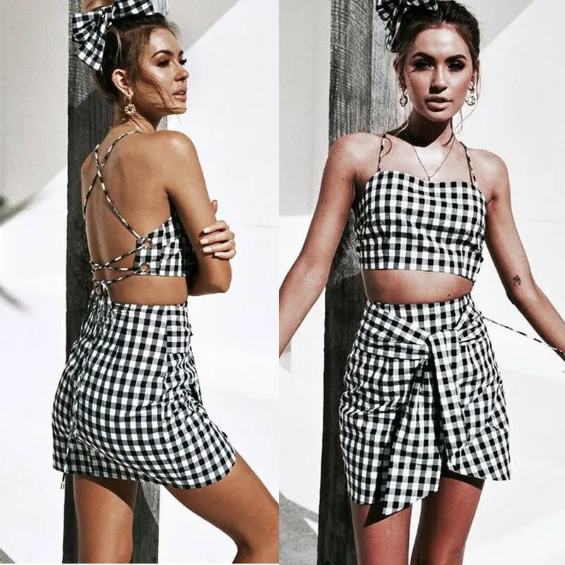 2019 Ladies Summer Women Two Pieces Set Bandage Plaid Crop Top Skirt Outfit Party Club Dress |