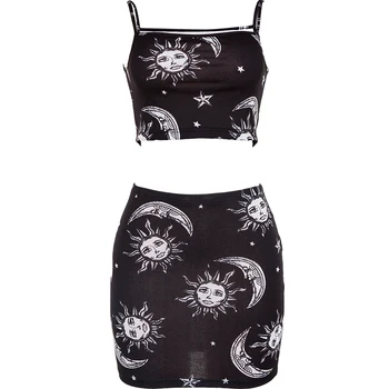 

Fashion Jazz Dance Costume Women HipHop Suit Black Star Month Printing Sling Tops Skirt Suit Female Performance Clothing DQL2061