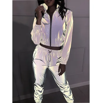 

Ladies Loose Zipper Shine Jacket Coat Trouser Suit Plus Size Women Tracksuits 2 Piece Set Reflective Crop Top Pants Fashion