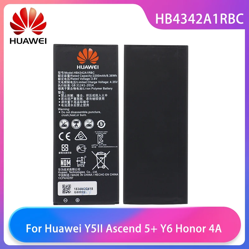 

Original Huawei Y5II Y5 II Ascend 5+ Y6 Honor 4A SCL-TL00 Honor 5A LYO-L21 Phone Battery HB4342A1RBC 2200mAh High Capacity