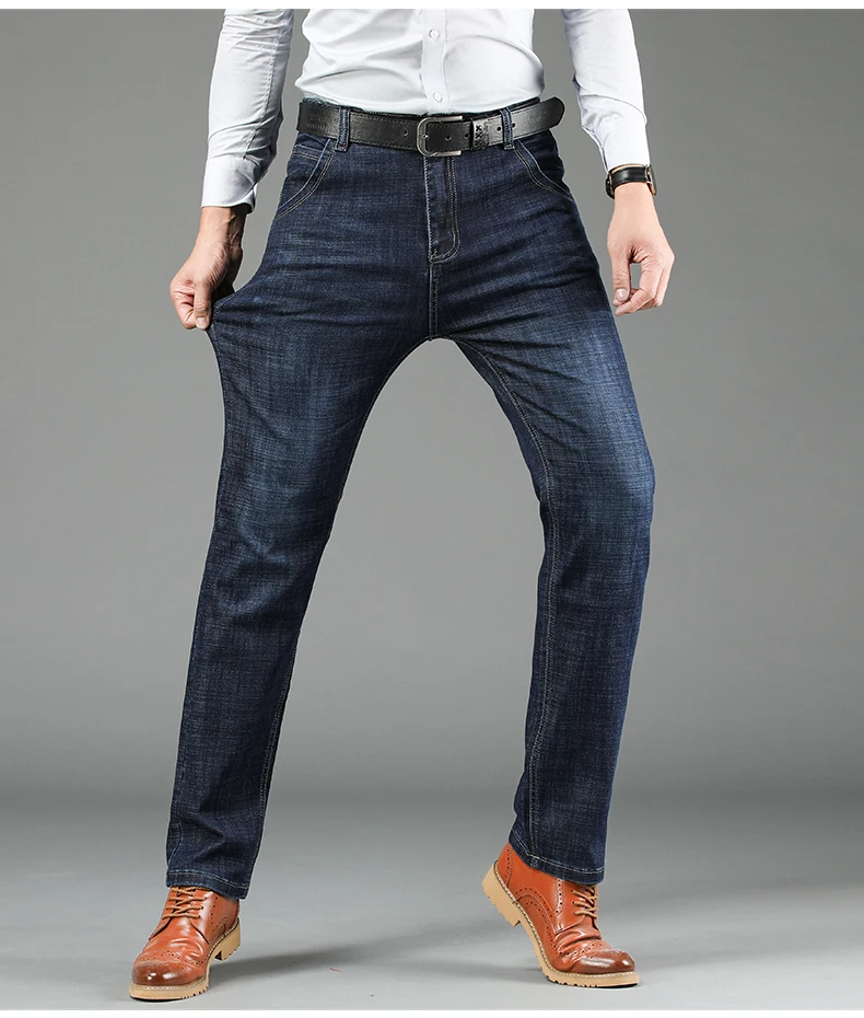 QUANBO Новое поступление осень зима бизнес эластичные Прямые повседневные джинсы Брендовые мужские джинсы темно синие джинсовые брюки 38 40
