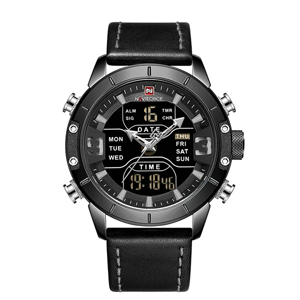 NAVIFORCE мужские часы лучший бренд класса люкс армейские военные кожаные мужские наручные часы водонепроницаемые цифровые кварцевые спортивные часы Relogio - Цвет: Black