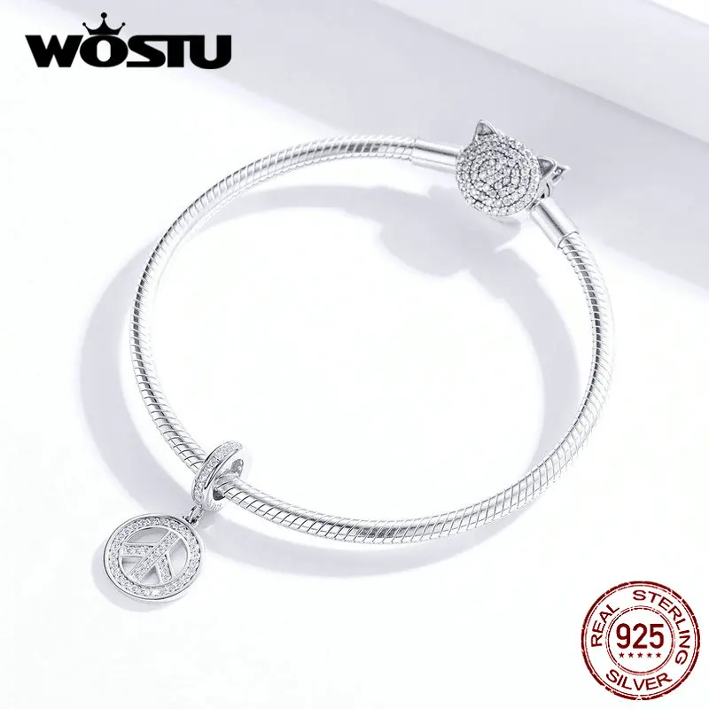 WOSTU 925 пробы серебряные антивоенные амулеты циркониевые бусины подходят к оригинальному браслету Кулон символ мира хорошее ювелирное изделие BKC1367