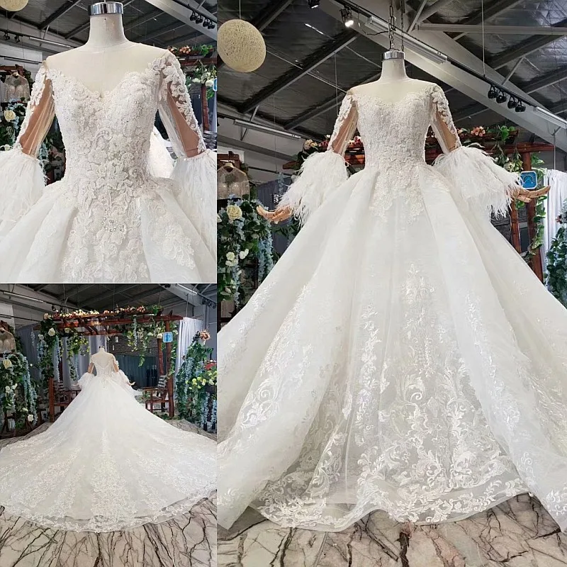 Милое Свадебное платье с длинными рукавами и перьями 2020 бальное размера плюс