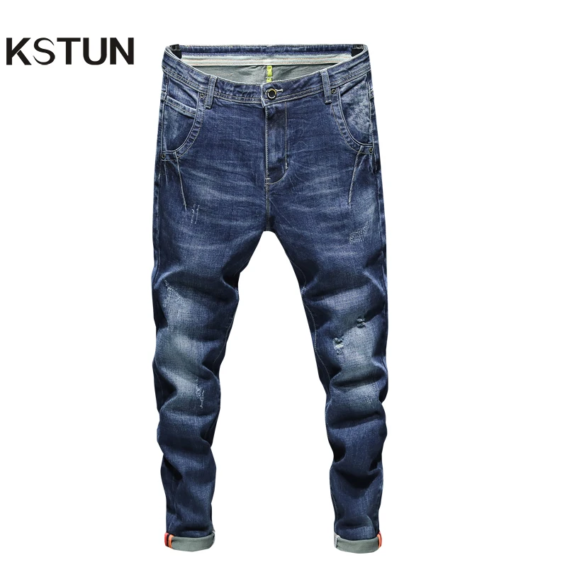 Ripped Jeans Pants Slim-Fit Distressed Men Long-Trousers Spring Stretch Blue Male Fashion