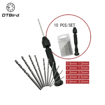 

Mini Micro Aluminum Hand Drill With Keyless Chuck +10x 25x High Speed Steel Twist Drills Rotary Hand Tool Wood Drilling