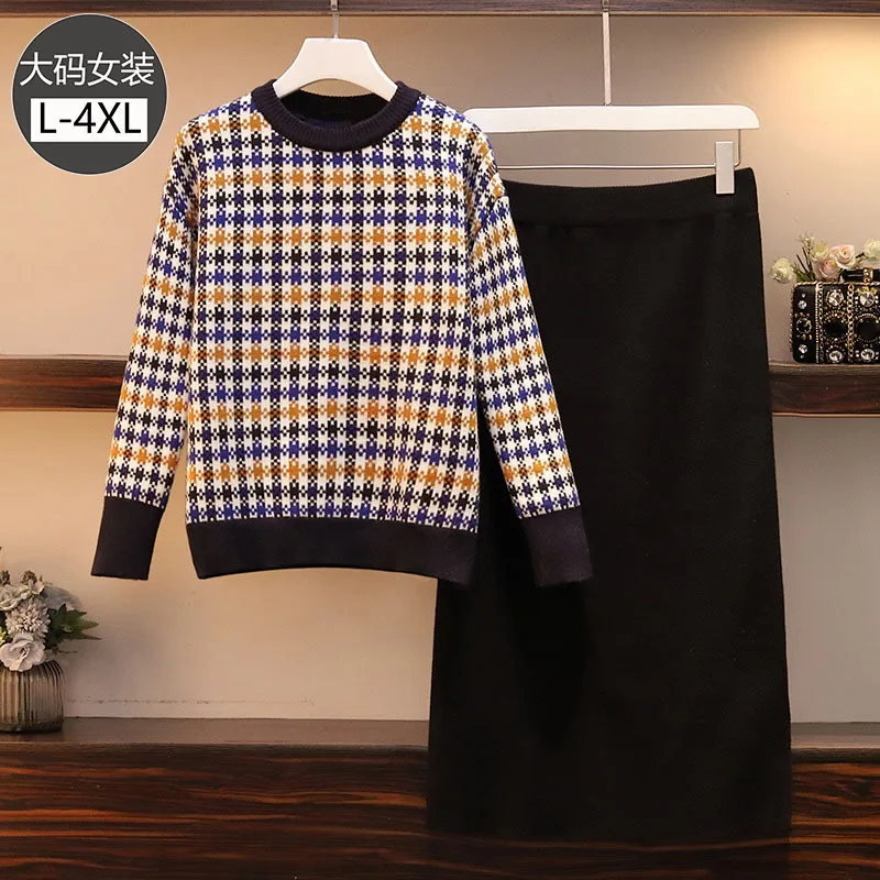 

2019 Autumn And Winter New Style Large Size Dress Fat Mm Western Style Pattern Contrast Color Loose-Fit Slimming Sweater Skirt T