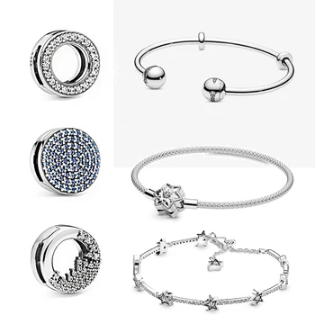 

High Quality New 100% 925 Sterling Silver Reflexions Round Blue Icicle Clip Diy Sky Star Bracelet Original Ladies Jewelry Gift