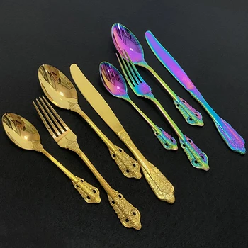 

24Pcs Gold Dinnerware Set Luxury 304 Stainless Steel Cutlery Set Knife Fork Spoon Kitchen Dinner Set Home Party Tableware Set