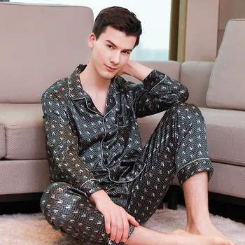 

Spring men's long-sleeved trousers silk printed pajamas suit silk home service piyama celana pendek katu silk pajama mens