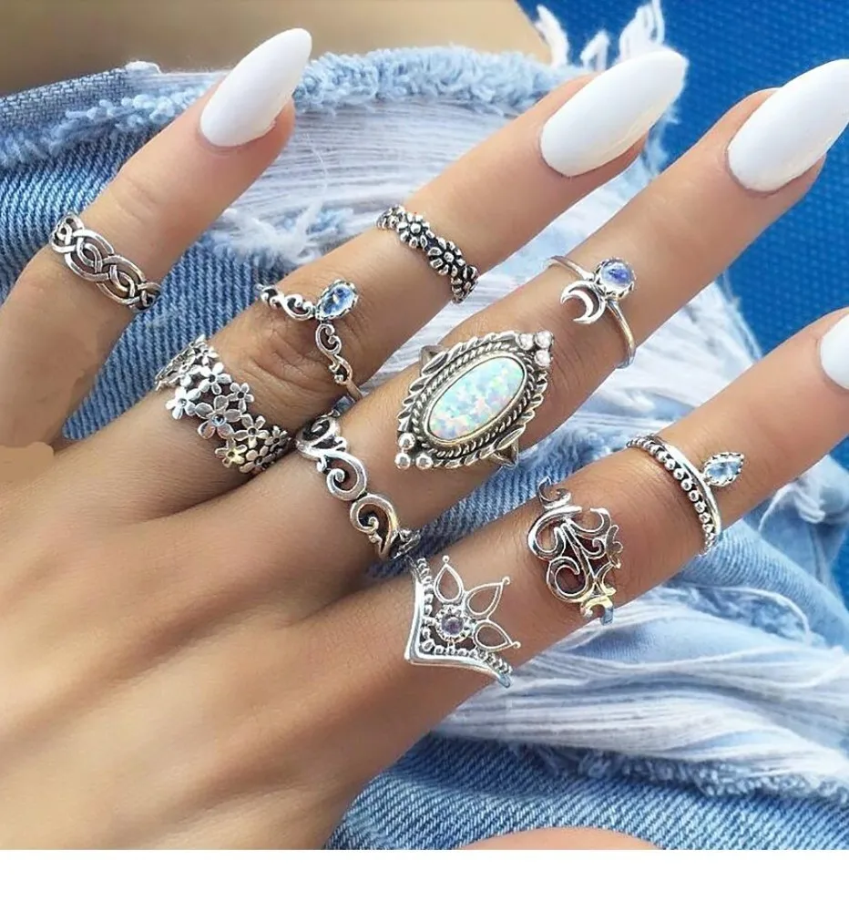 Bague Femme, винтажные кольца для женщин, геометрической формы, в стиле бохо, цветок, кристалл, кольцо на кончик пальца, набор, богемный, миди, ювелирные изделия, серебряный цвет
