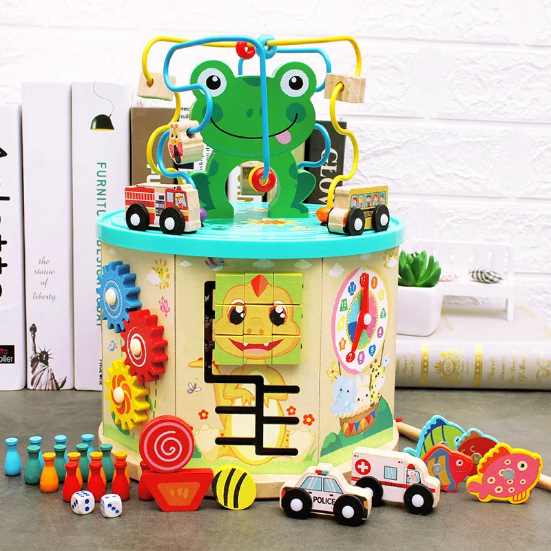 

Wooden Multi-functional Treasure Chest Toys Seven Large Animals Around Beads Games Monterey Teaching Aids Children's Toys Gifts