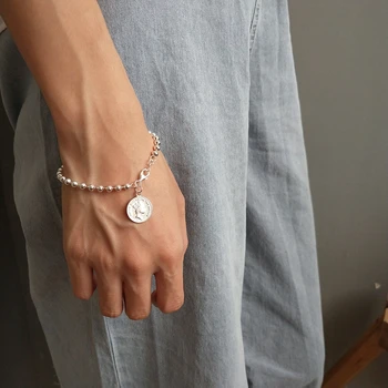 

Round Bead Bracelet Real 925 Sterling Silver Queen Coin Round Pendant Bracelet Wedding Lover Gift Korean Women Fashion Jewelry
