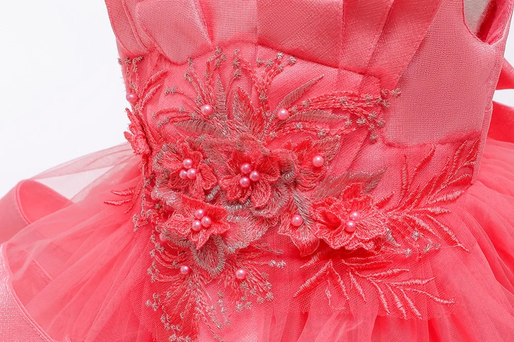 Hetiso/свадебные платья принцессы с цветочным узором для девочек; детское кружевное платье-пачка с бантом и жемчужинами; платье без рукавов для дня рождения; цвет красный, зеленый