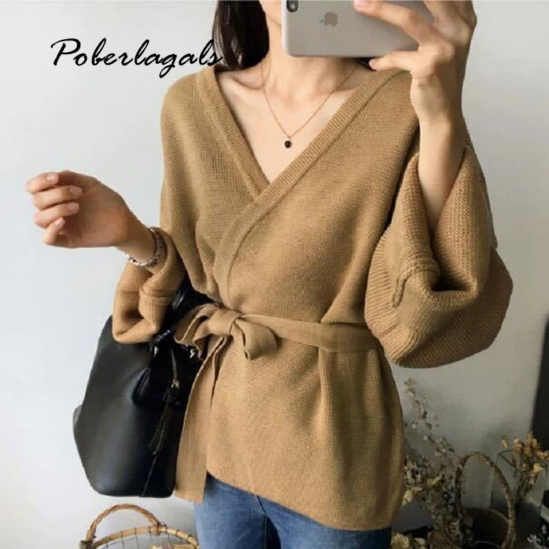 

Autumn winter Knitted belt Sweater Women cardigans 2019 korean oversized sweaters female V-neck waist cardigan wool blends