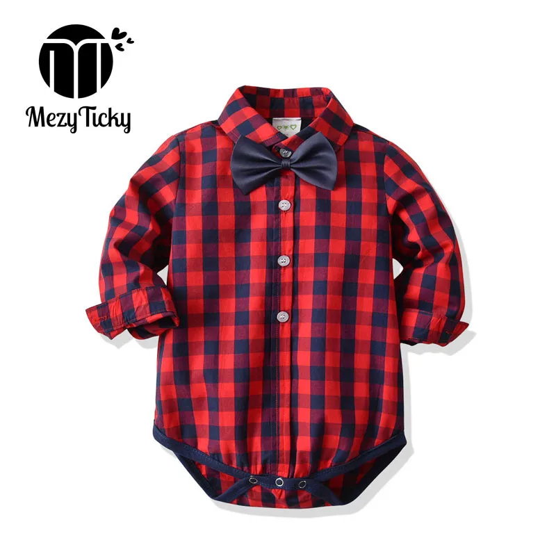 

Spring Autumn Baby Boys Overalls Newborn Bodysuit Kids Gentleman Bow Tie plaid Shirt Jumpsuit Toddler Cotton Long Sleeve Clothes
