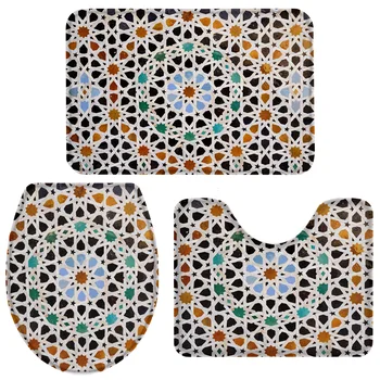 

Art Geometric Decoration Bath Set Toilet Cover Mat Pedestal Rug Non-Slip Bathroom Rug Set