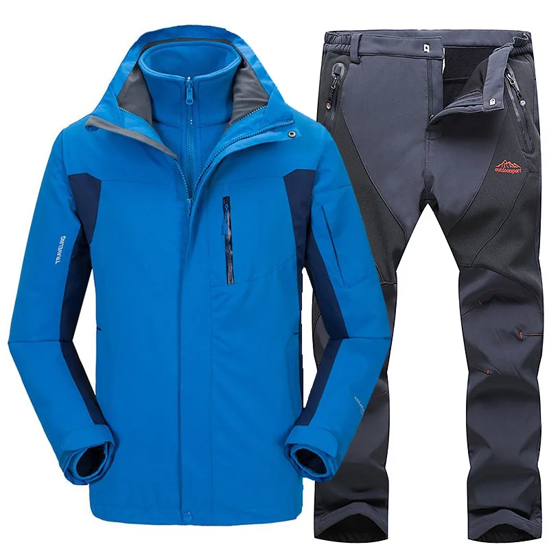 Blue Gray Плотный теплый лыжный костюм для мужчин, водонепроницаемая ветрозащитная Лыжная и Сноубордическая куртка, брюки, комплекты для улицы, для снега, кемпинга, походов, куртка, комплект - Цвет: Blue Gray