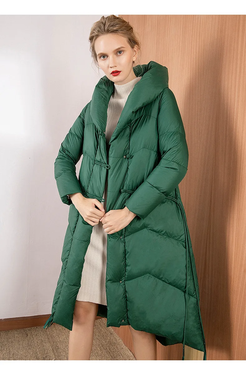 Винтажная длинная куртка-пуховик на утином пуху, женская элегантная Роскошная брендовая Новинка, зимняя теплая парка, женские зеленые пальто, стеганая женская верхняя одежда