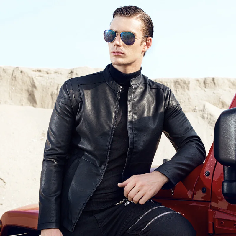 

GustOmerD 2019 New Men's Leather Jacket Autumn Body Motorcycle Leather Jacket Stand Collar Fashion Casual Jacket Men
