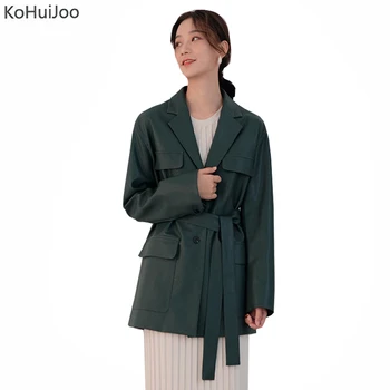 

KoHuiJoo Plus Size Leather Coat Women Green White Casual Loose Faux Leather Blazer Jacket Single Breasted Pu Leather Jackets